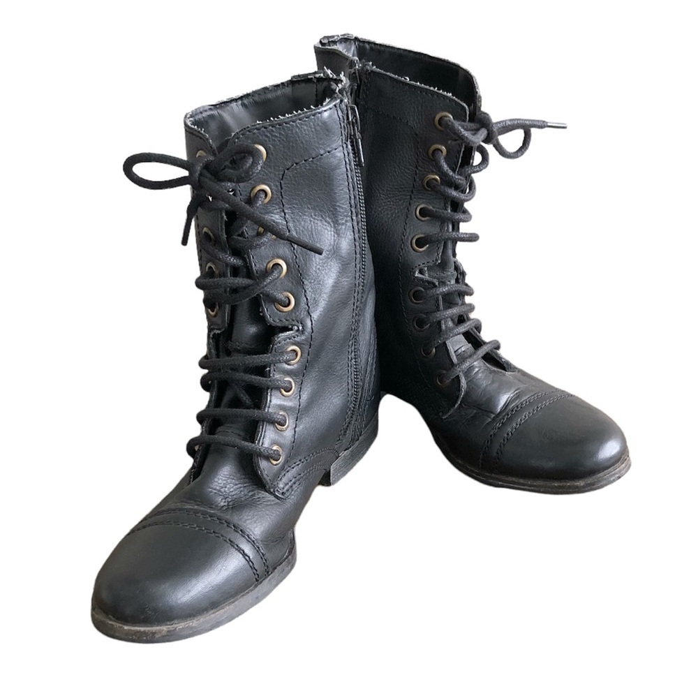 Shi By Journeys Leather Tall Lace Up Moto Style Boots Shoes Black